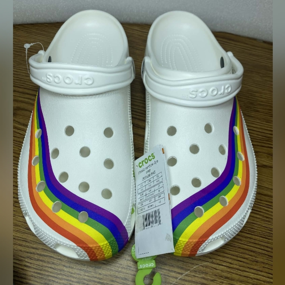 Crocs Classic Rainbow Clog White Pride Mens Size 12 Light Weight Slip On Comfort